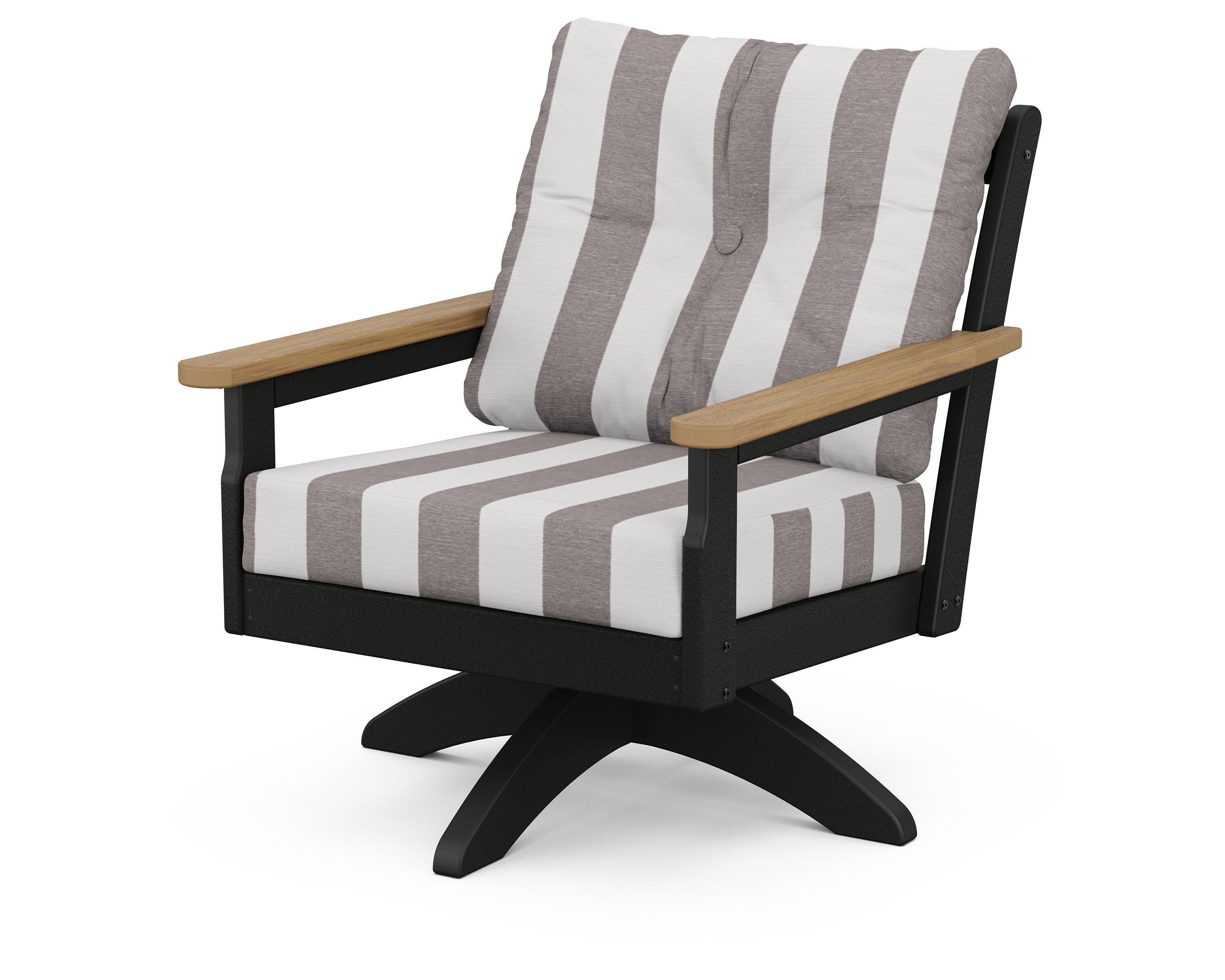 POLYWOOD® Vineyard Deep Seating Swivel Chair in Black / Natural / Cabana Stripe Grey Mist