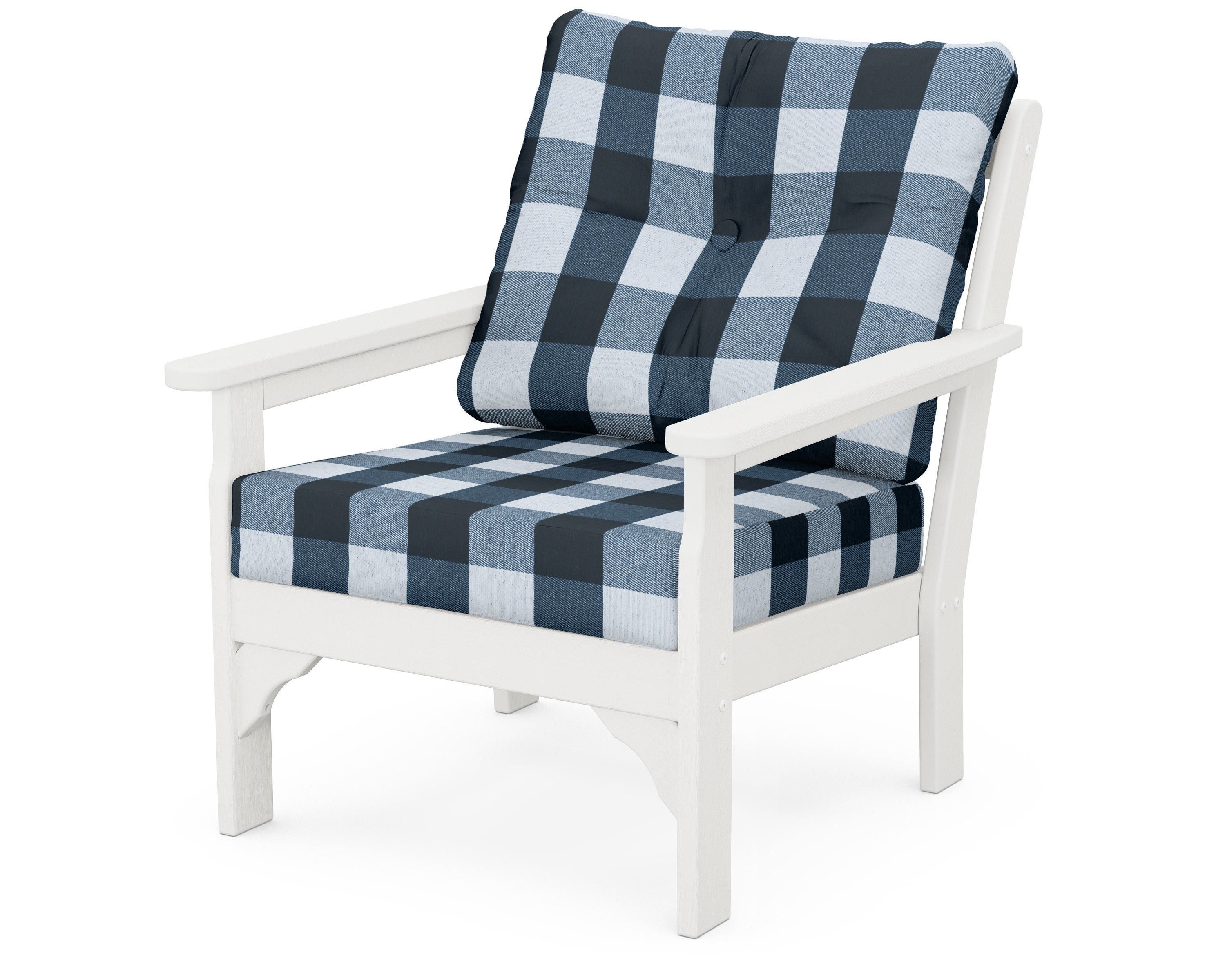 POLYWOOD® Vineyard Deep Seating Chair in Vintage White / Buffalo Plaid Marine Indigo