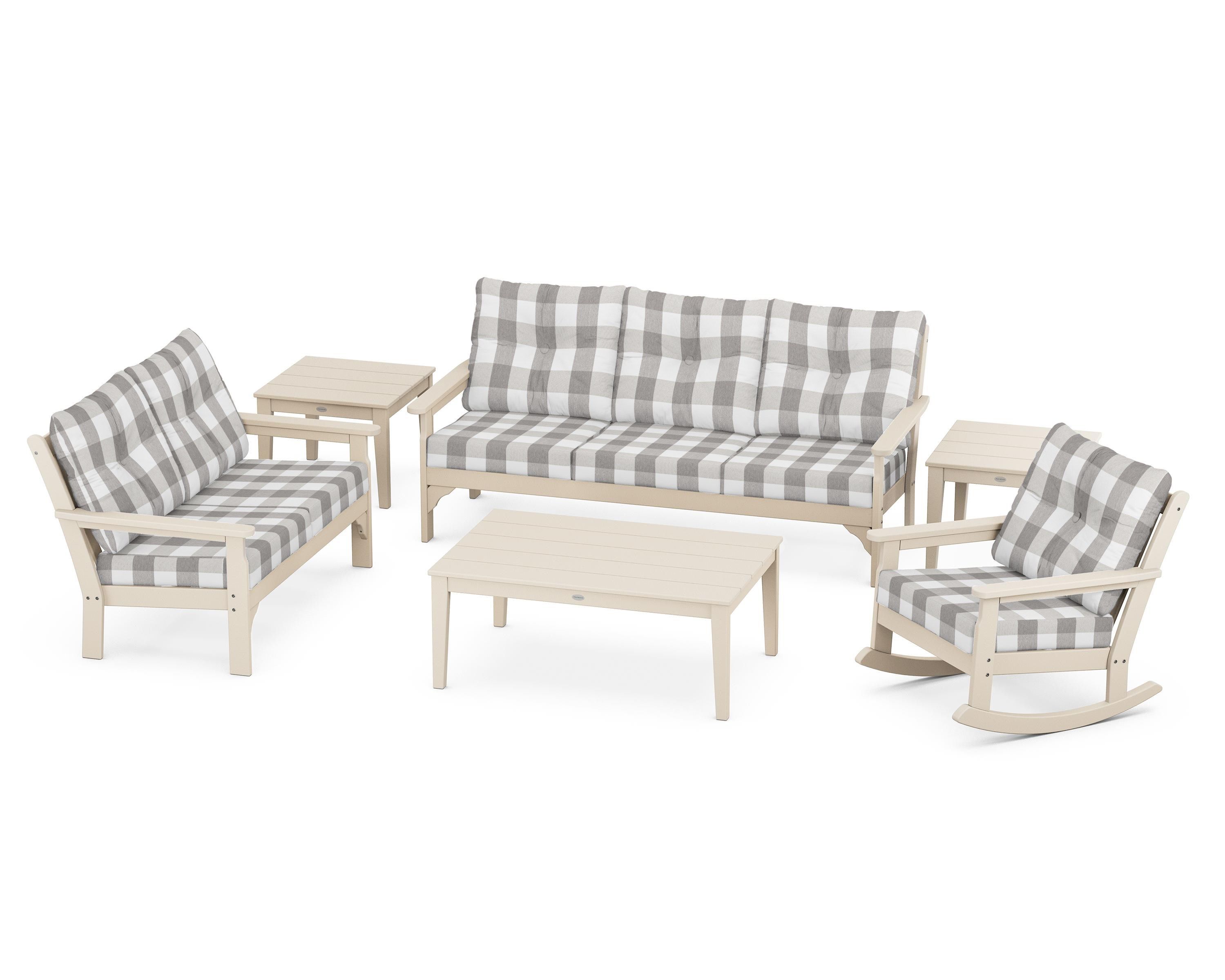 POLYWOOD® Vineyard 6-Piece Deep Seating Set in Sand / Buffalo Plaid Grey Mist