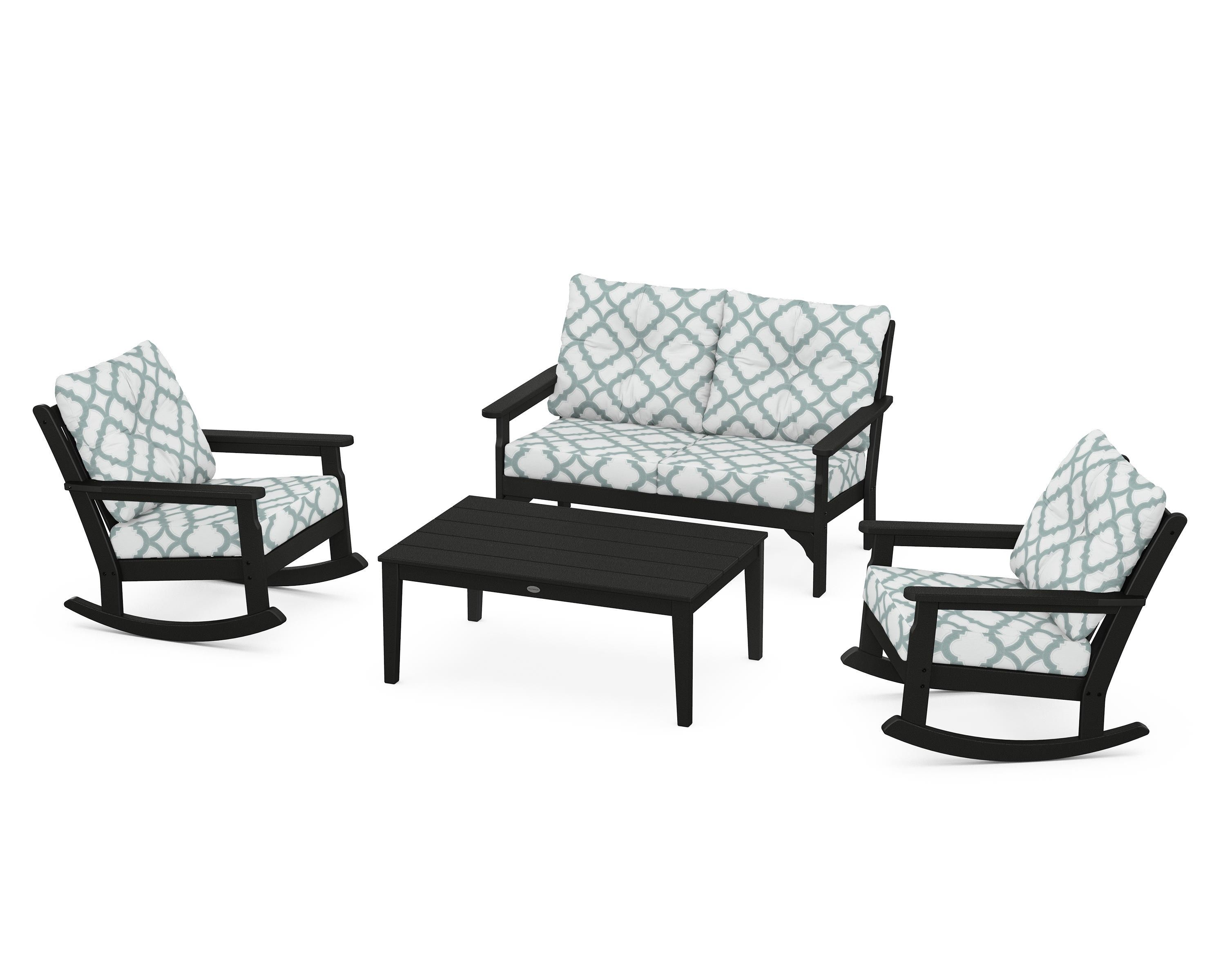 POLYWOOD® Vineyard 4-Piece Deep Seating Rocking Chair Set in Black / Trellis Glacier Spa