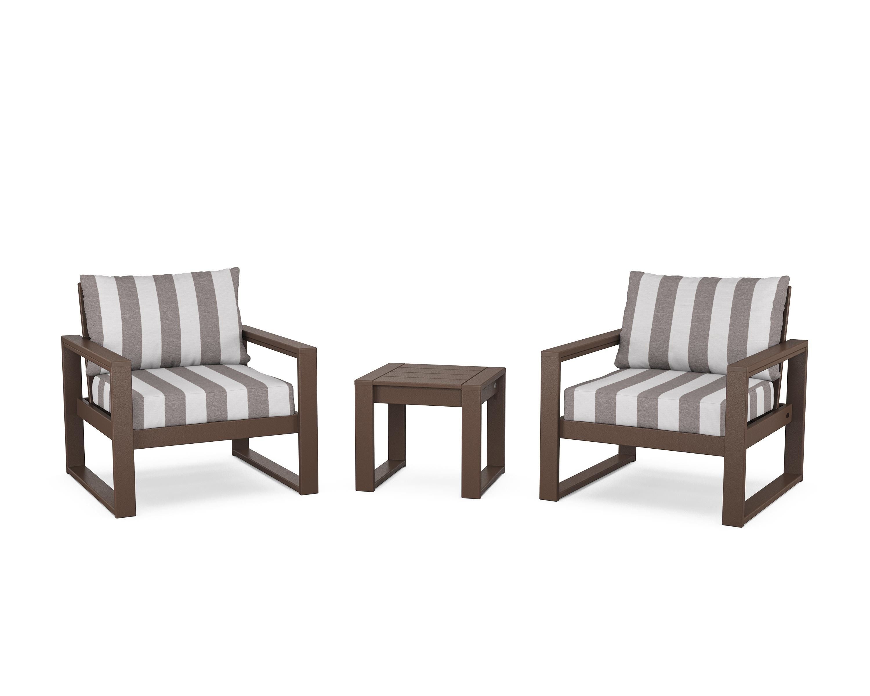 POLYWOOD® EDGE Sectional 3-Piece Deep Seating Set in Mahogany / Cabana Stripe Grey Mist