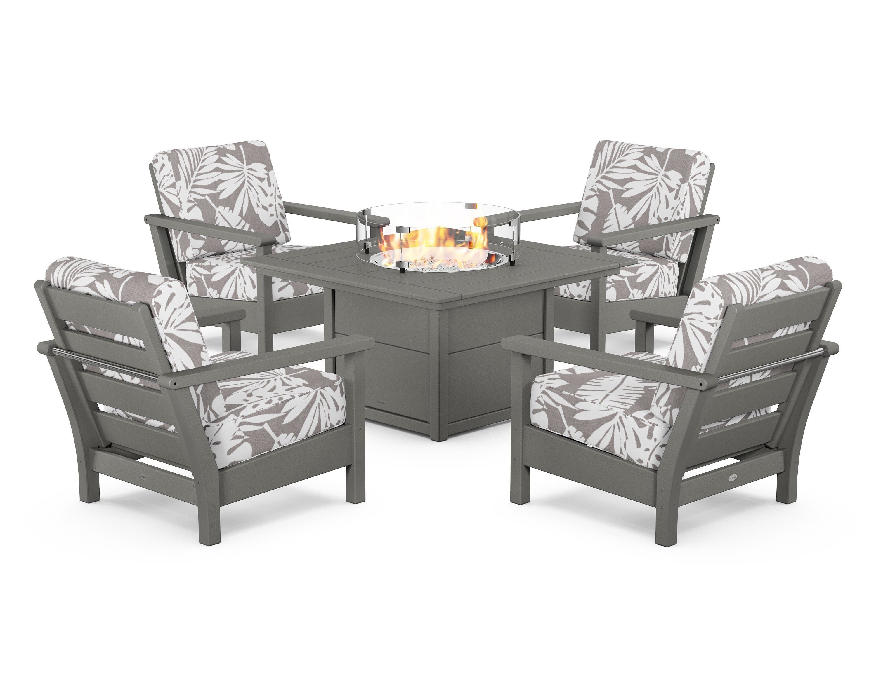 POLYWOOD® Harbour 5-Piece Conversation Set with Fire Pit Table in Slate Grey / Leaf Grey Mist