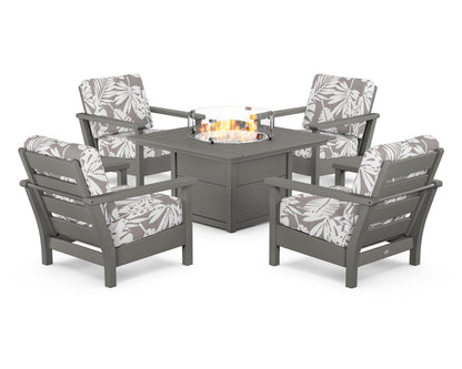 POLYWOOD® Harbour 5-Piece Conversation Set with Fire Pit Table in Slate Grey / Leaf Grey Mist