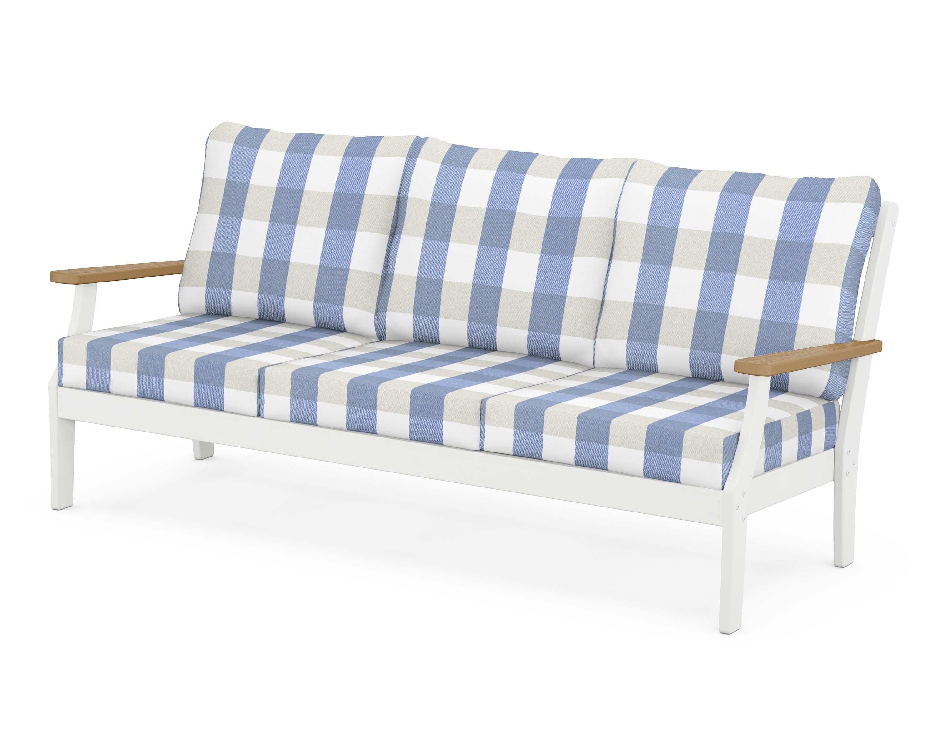 POLYWOOD® Braxton Deep Seating Sofa in White / Natural / Buffalo Plaid Sky Blue