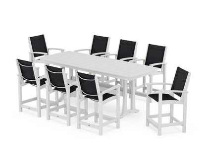 POLYWOOD® Coastal 9-Piece Counter Set with Trestle Legs in White / Black Sling