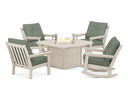 POLYWOOD® Vineyard 5-Piece Deep Seating Rocking Chair Conversation Set with Fire Pit Table in Sand / Cast Sage
