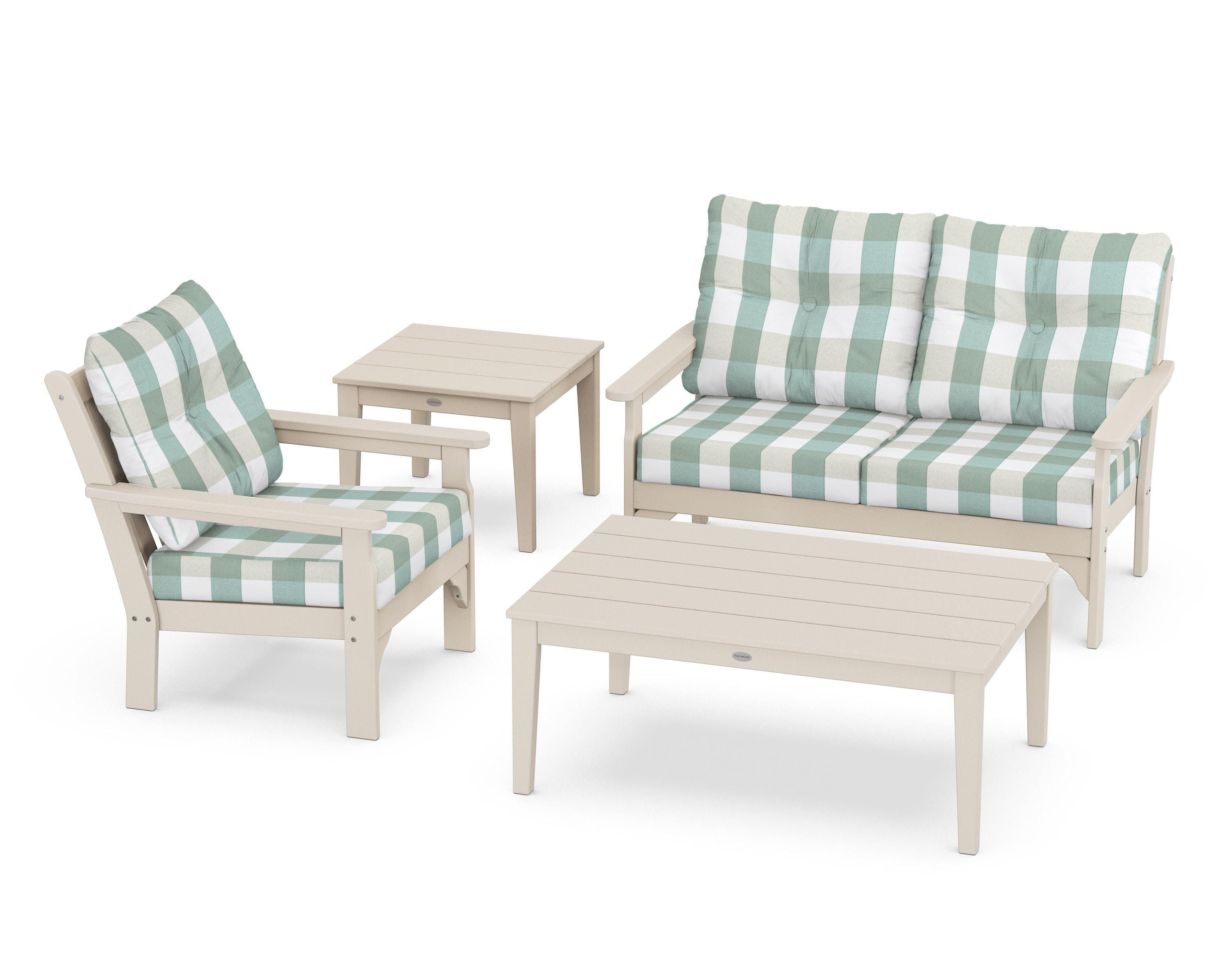 POLYWOOD® Vineyard 4-Piece Deep Seating Set in Sand / Buffalo Plaid Glacier Spa