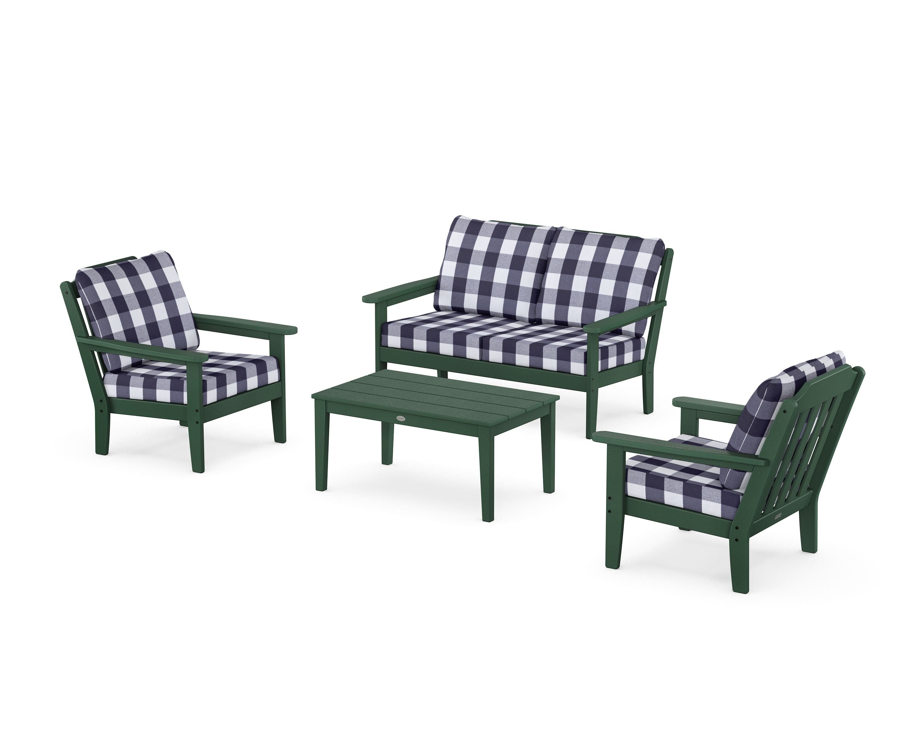 Country Living Cottage 4-Piece Deep Seating Set with Loveseat in Green / Buffalo Plaid Navy