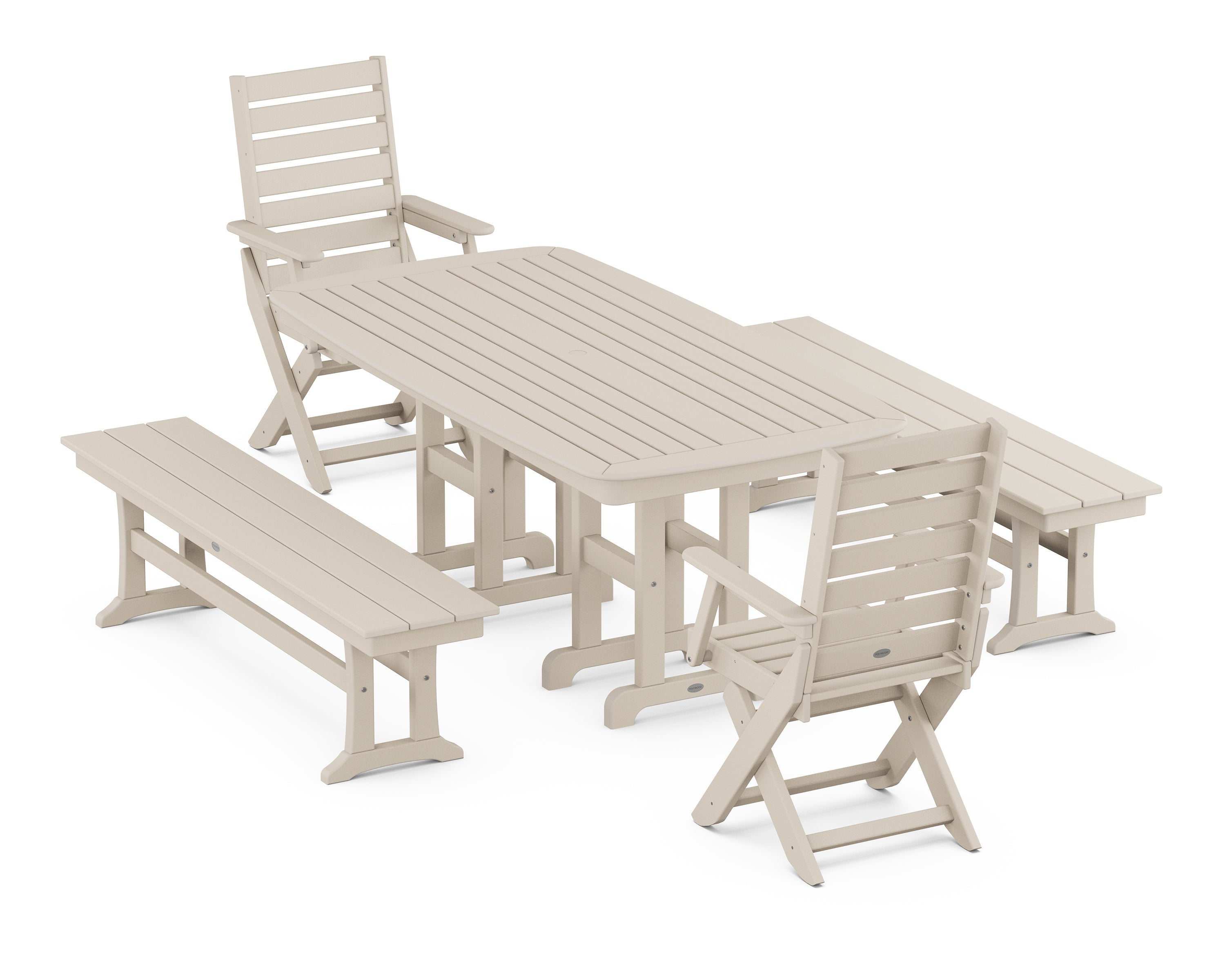 POLYWOOD® Captain Folding Chair 5-Piece Dining Set with Benches in Sand
