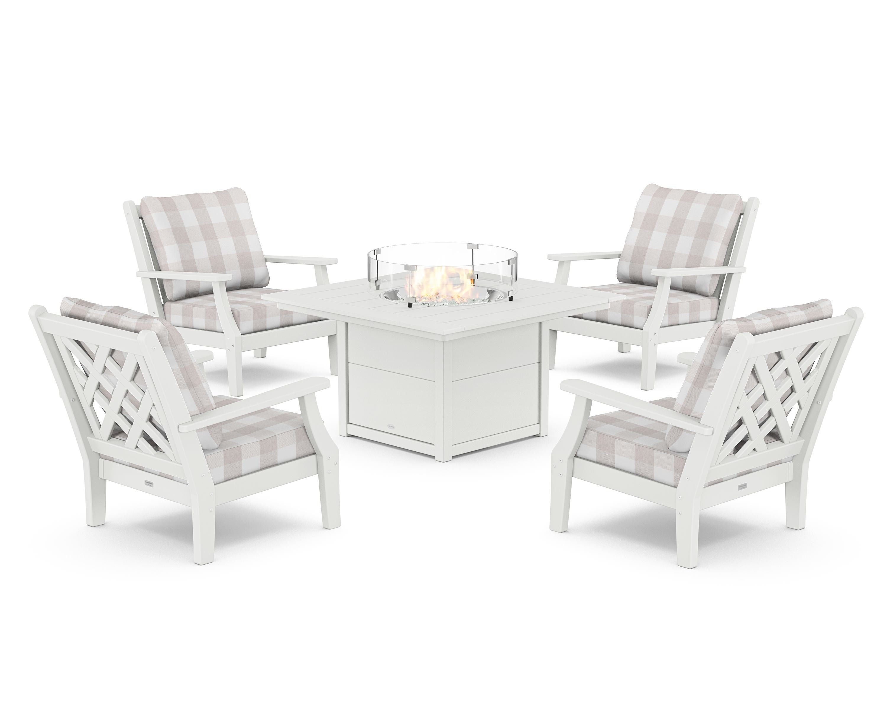 Country Living Wovendale 5-Piece Deep Seating Set with Fire Pit Table in White / Buffalo Plaid Dune Burlap