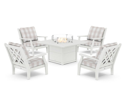 Country Living Wovendale 5-Piece Deep Seating Set with Fire Pit Table in White / Buffalo Plaid Dune Burlap