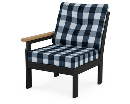 POLYWOOD® Vineyard Modular Left Arm Chair in Black / Natural / Buffalo Plaid Marine Indigo