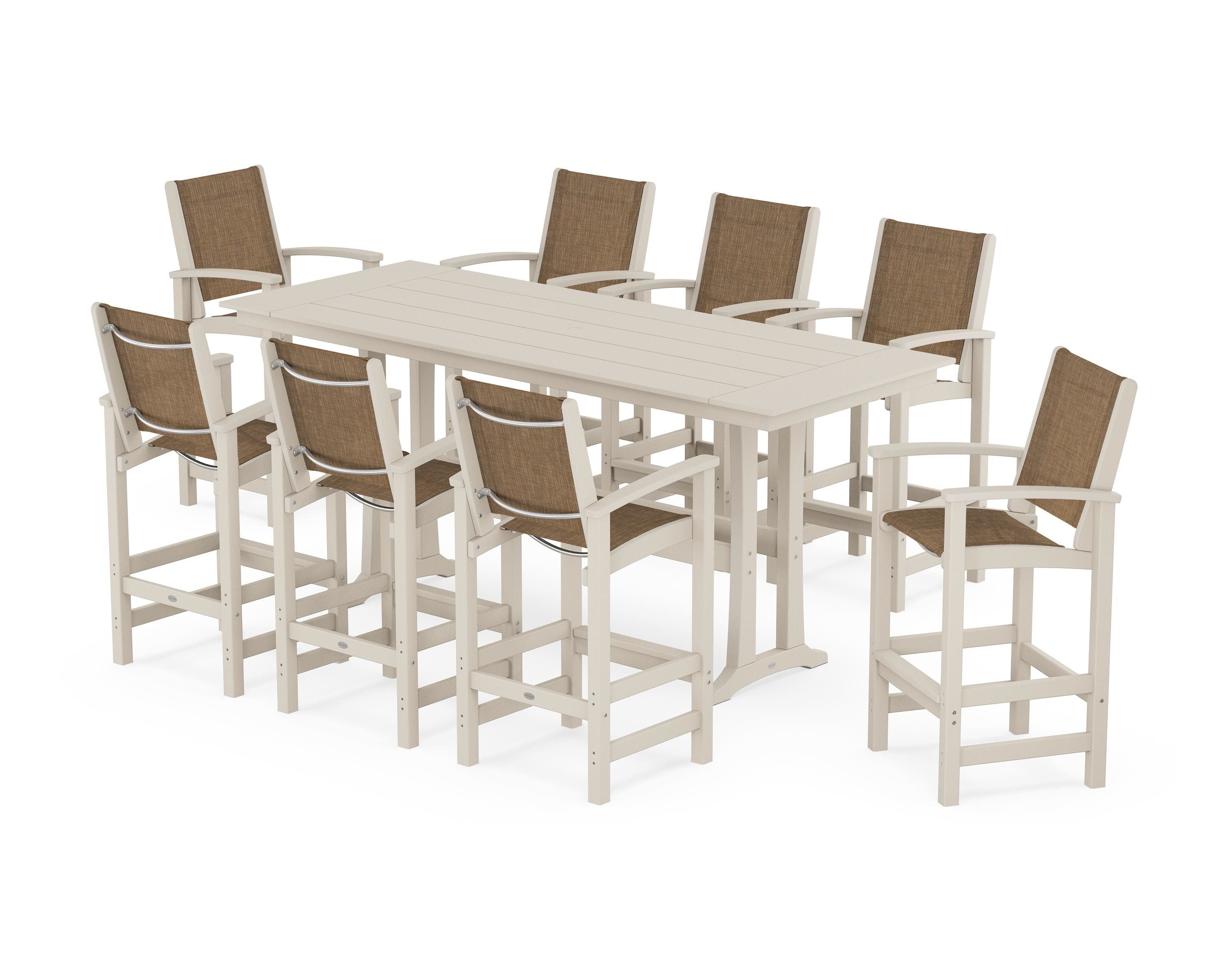 POLYWOOD® Coastal 9-Piece Farmhouse Bar Set with Trestle Legs in Sand / Burlap Sling