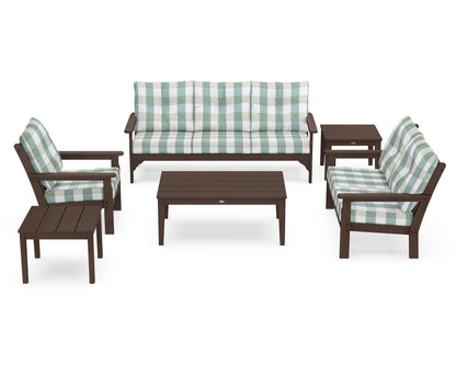 POLYWOOD® Vineyard 6-Piece Deep Seating Set in Mahogany / Buffalo Plaid Glacier Spa