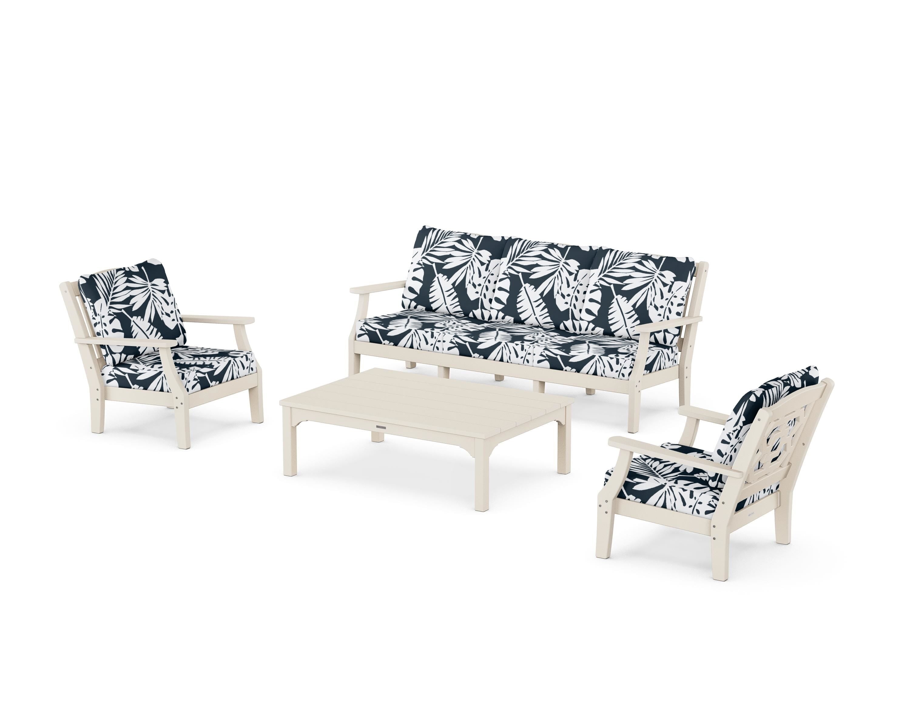 Martha Stewart by POLYWOOD® Chinoiserie 4-Piece Deep Seating Set with Sofa in Sand / Leaf Marine Indigo