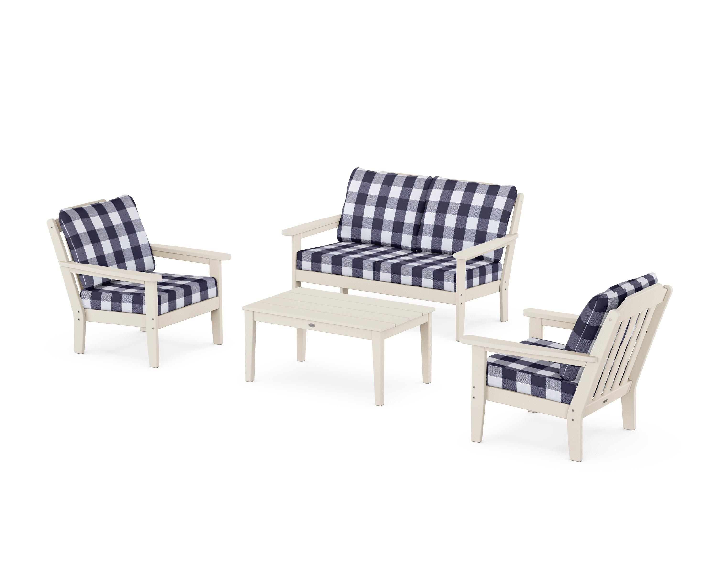 Country Living Cottage 4-Piece Deep Seating Set with Loveseat in Sand / Buffalo Plaid Navy