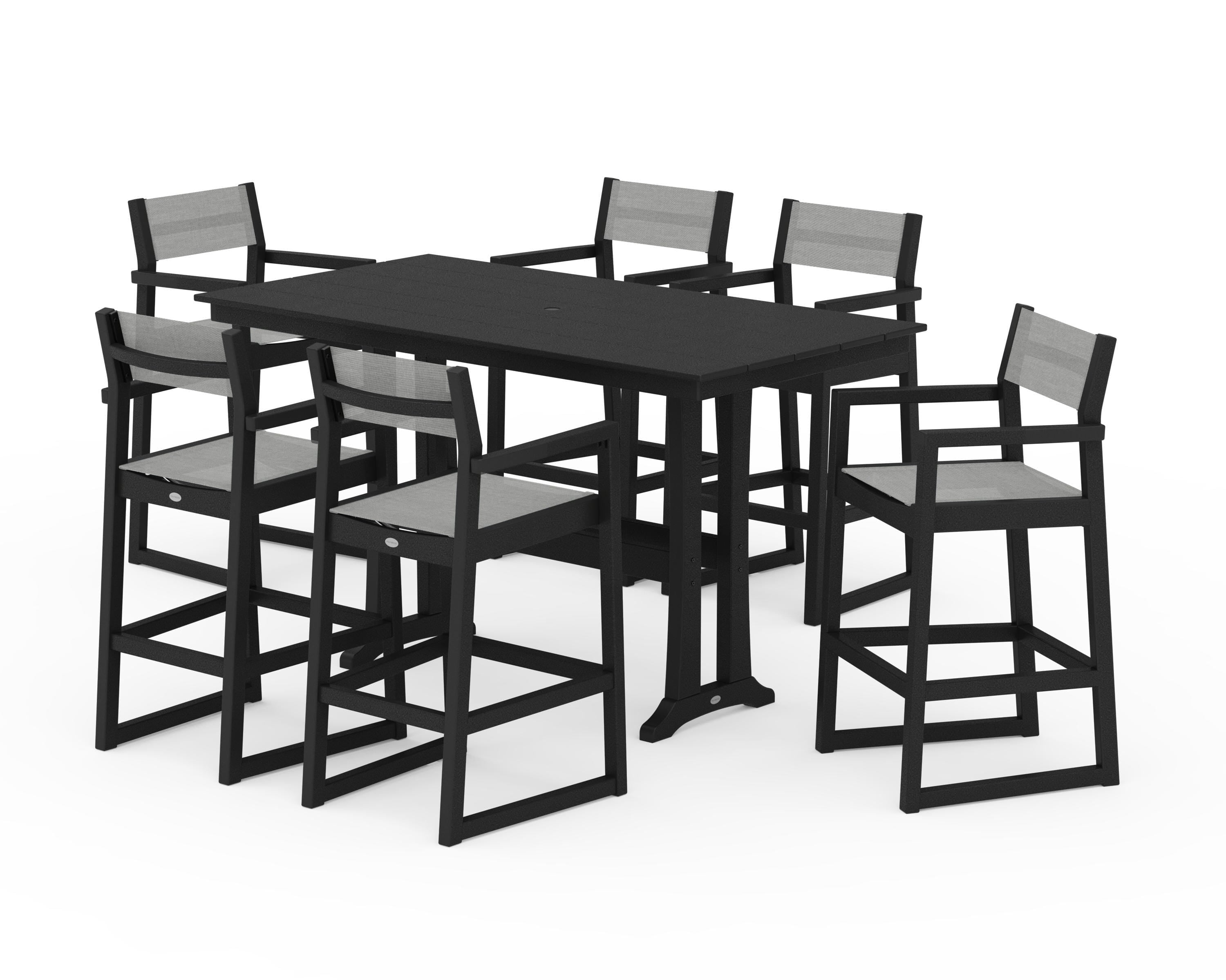 POLYWOOD® EDGE Sling Arm Chair 7-Piece Farmhouse Bar Set with Trestle Legs in Black / Metallic Sling