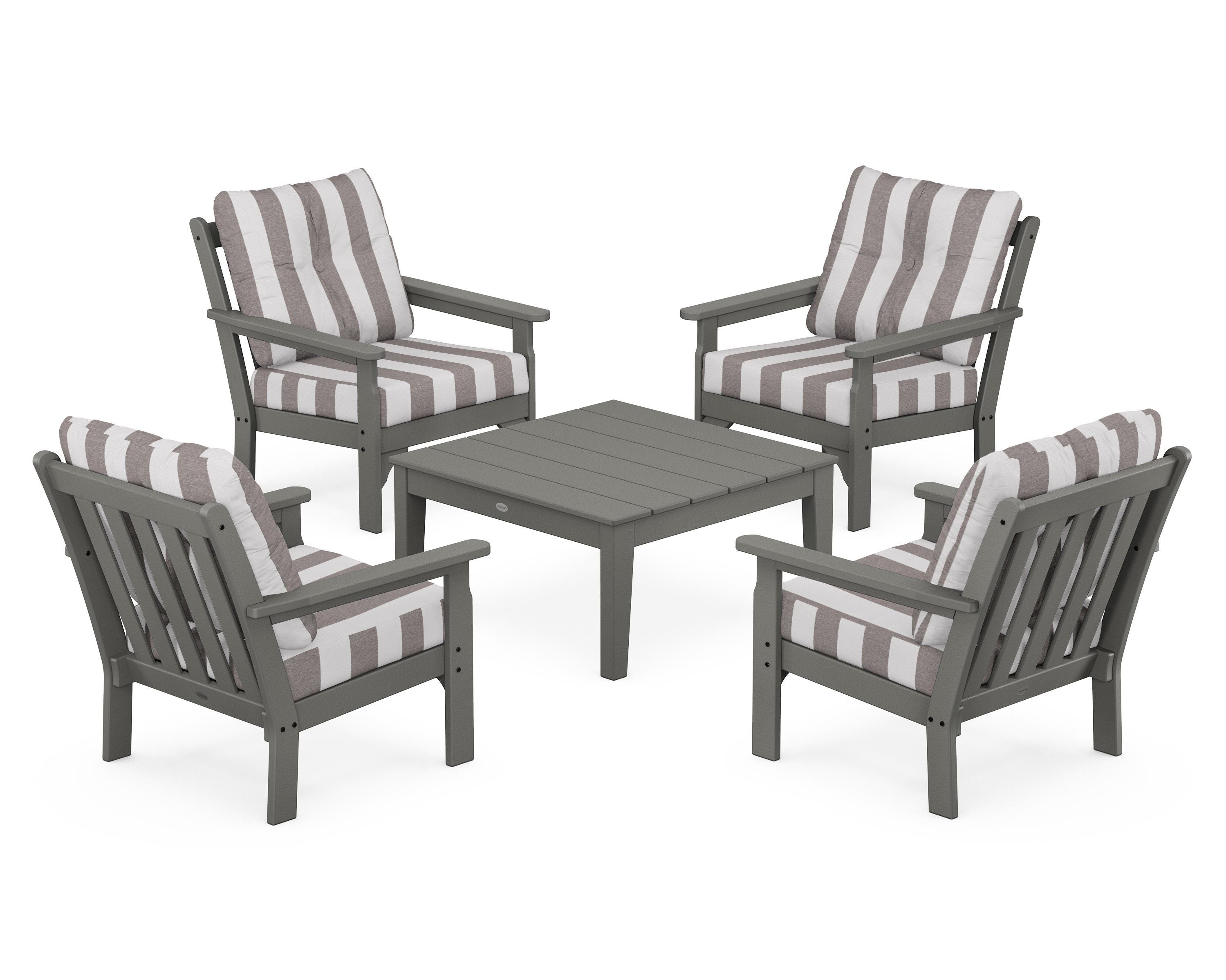 POLYWOOD® Vineyard 5-Piece Deep Seating Conversation Set in Slate Grey / Cabana Stripe Grey Mist