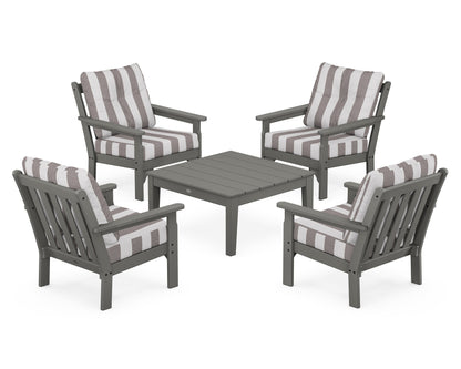 POLYWOOD® Vineyard 5-Piece Deep Seating Conversation Set in Slate Grey / Cabana Stripe Grey Mist