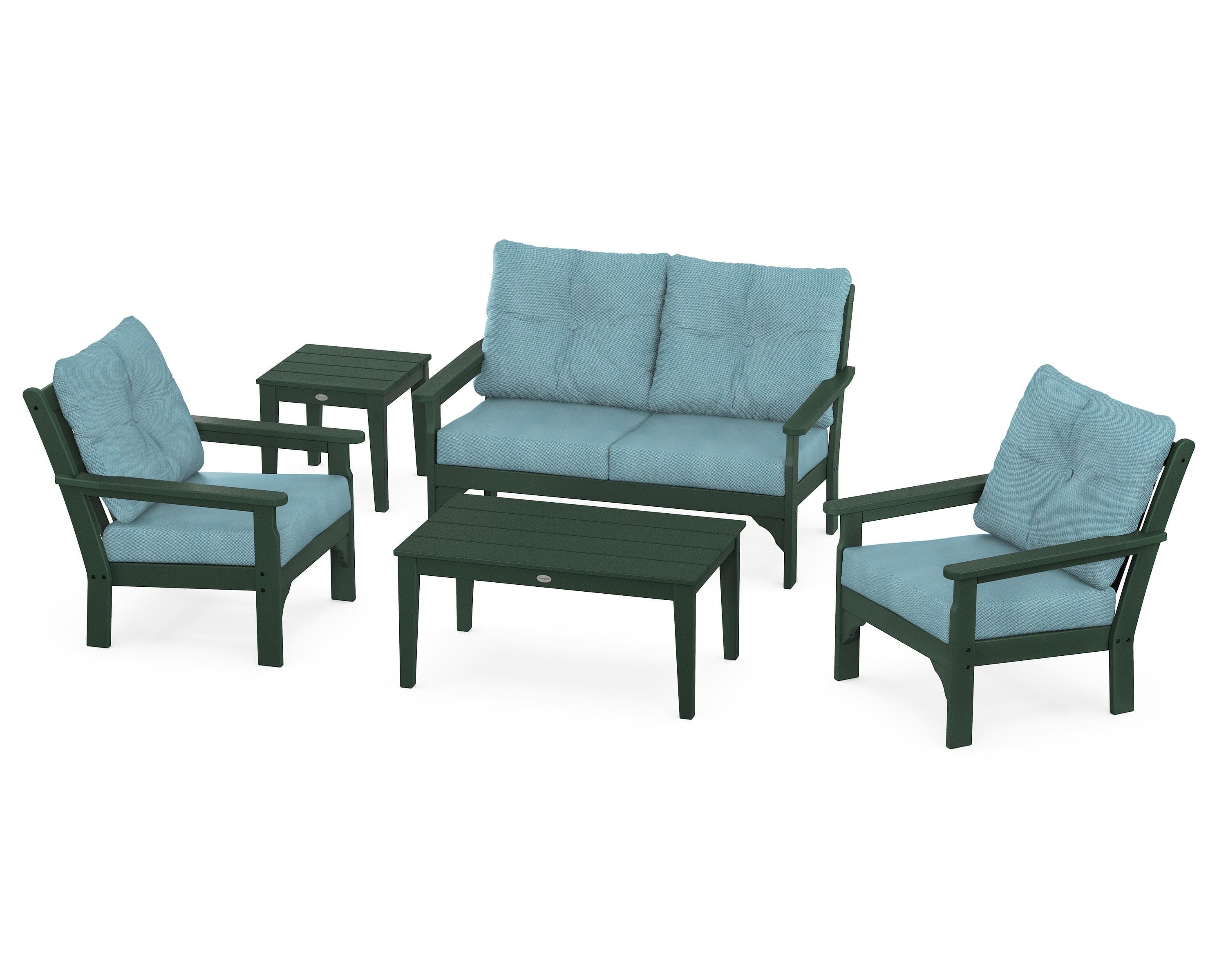 POLYWOOD® Vineyard 5-Piece Deep Seating Set in Green / Lattice Sky Blue