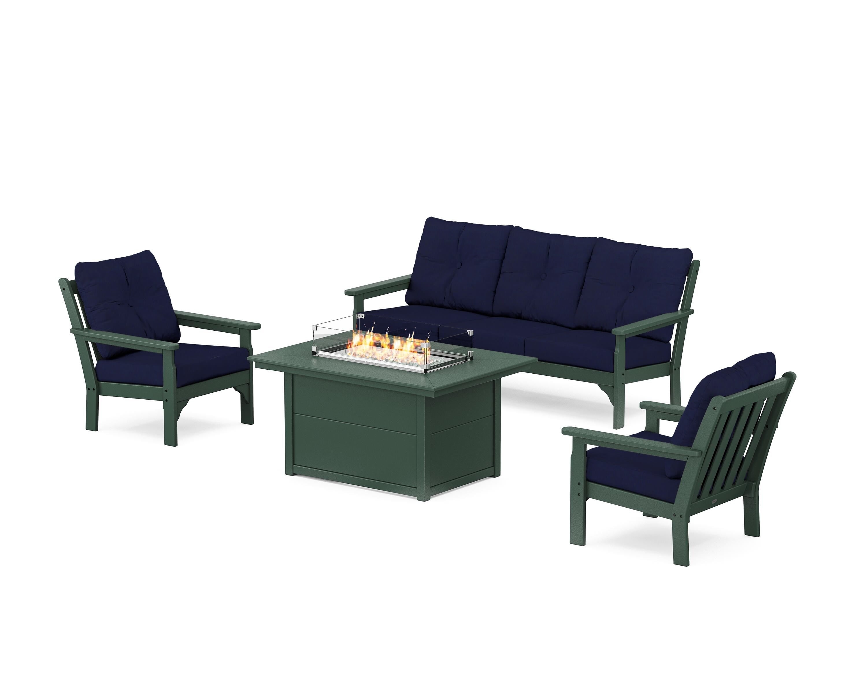 POLYWOOD® Vineyard Deep Seating Fire Pit Table Set in Green / Navy