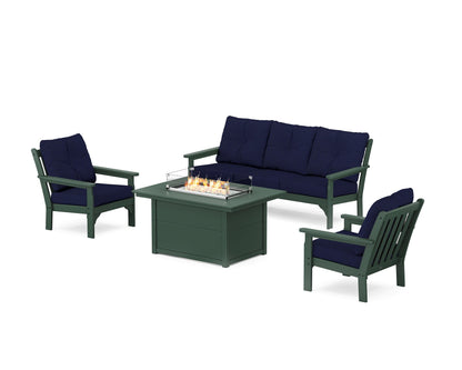 POLYWOOD® Vineyard Deep Seating Fire Pit Table Set in Green / Navy