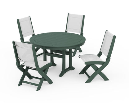 POLYWOOD® Coastal Folding Side Chair 5-Piece Round Dining Set With Trestle Legs in Green / White Sling