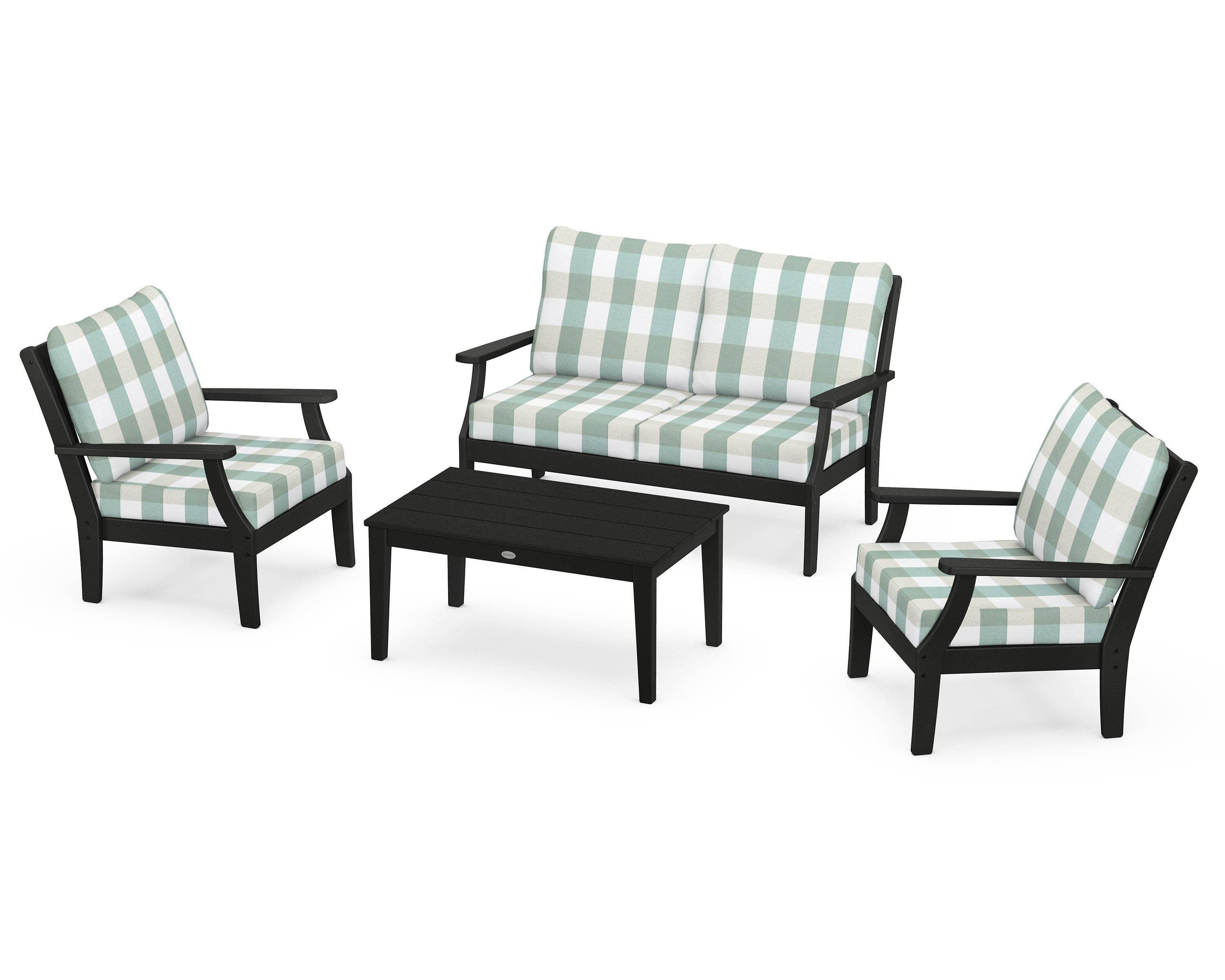 POLYWOOD® Braxton 4-Piece Deep Seating Chair Set in Black / Buffalo Plaid Glacier Spa