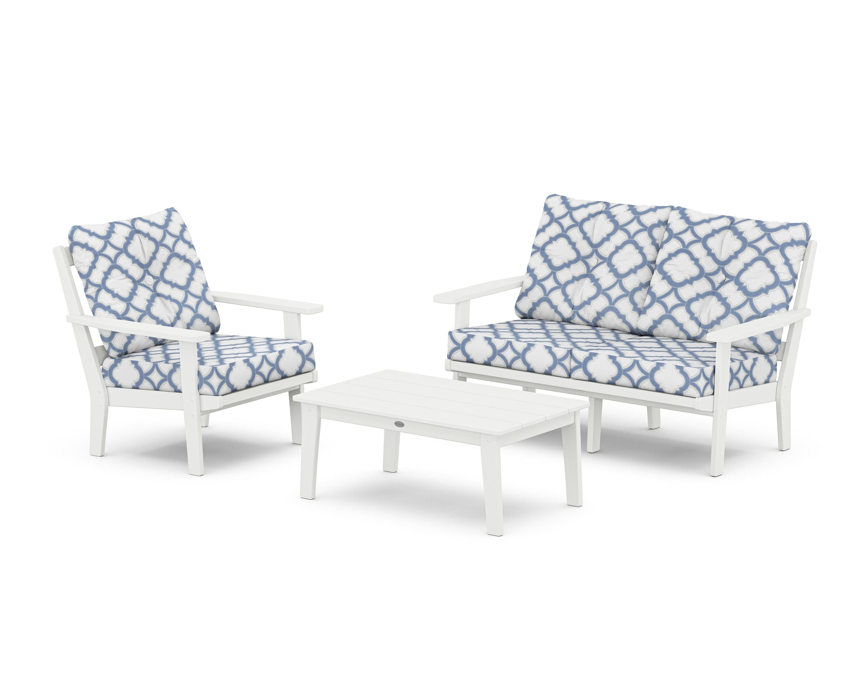 POLYWOOD® Oxford 3-Piece Deep Seating Set with Loveseat in White / Trellis Sky Blue