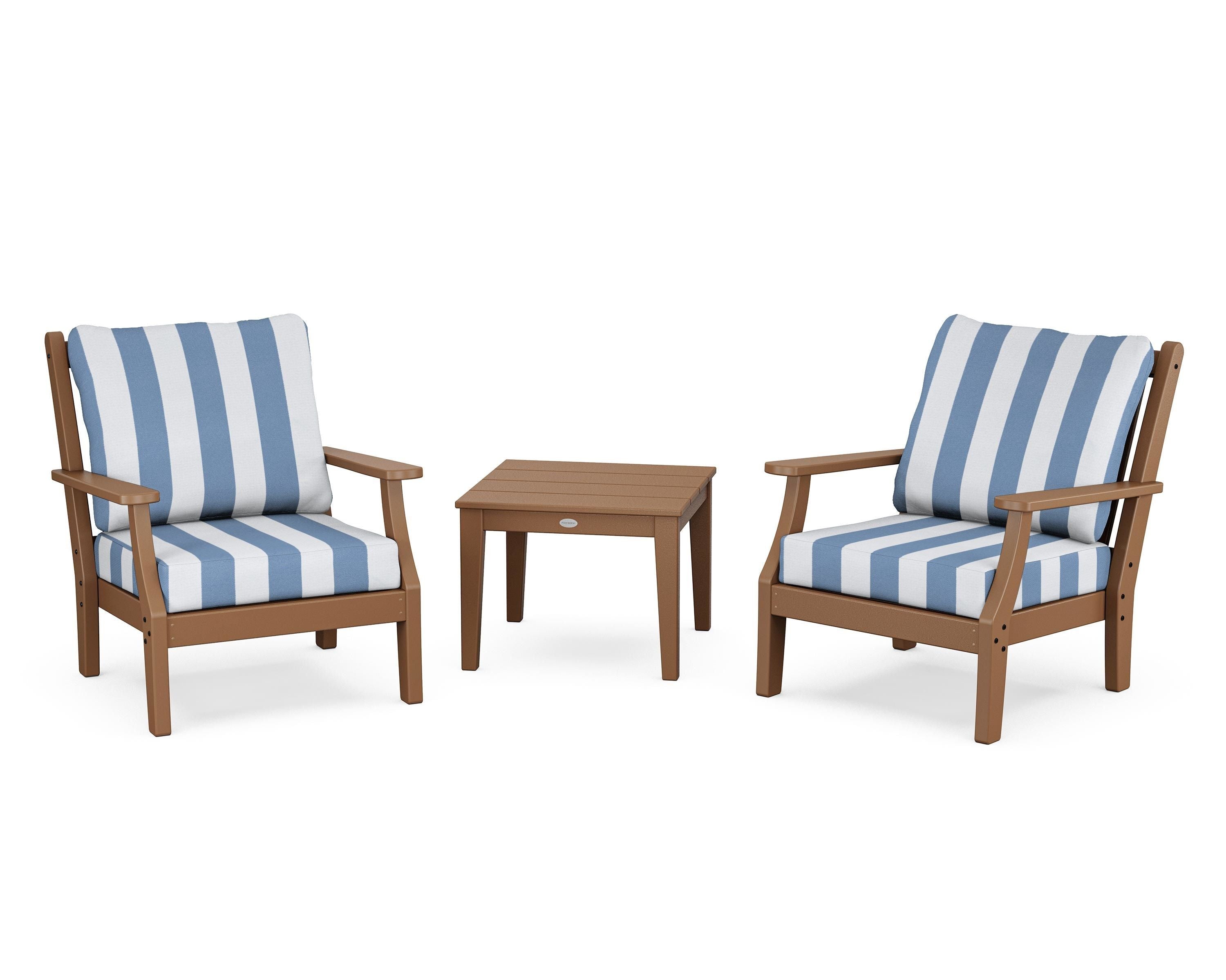 Country Living Wovendale 3-Piece Deep Seating Set in Teak / Cabana Stripe Sky Blue