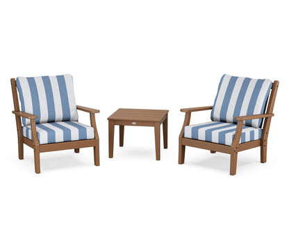 Country Living Wovendale 3-Piece Deep Seating Set in Teak / Cabana Stripe Sky Blue