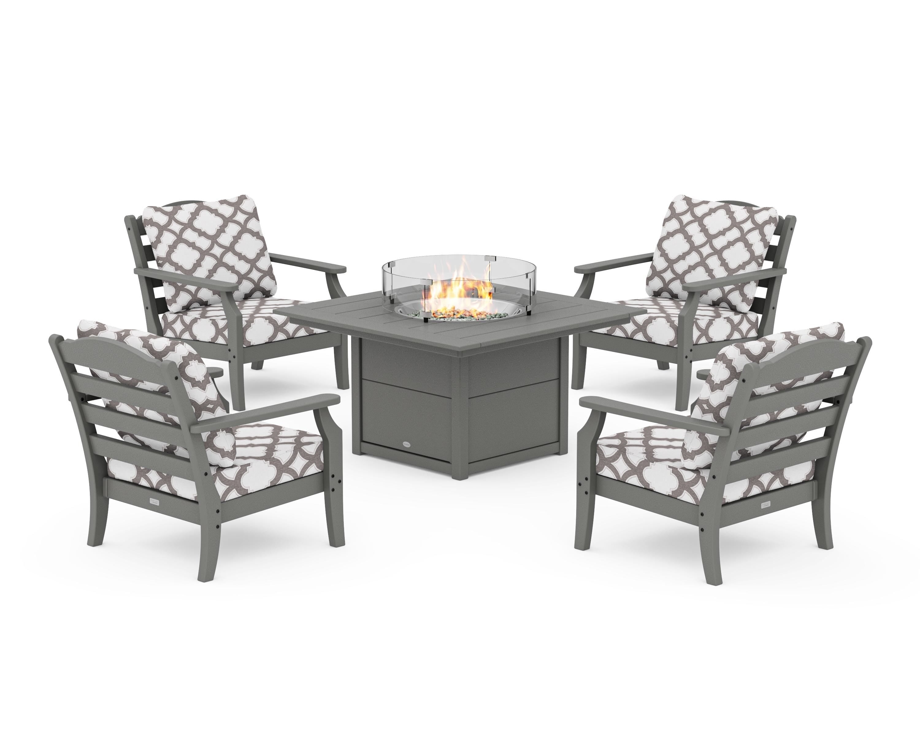 Draper James™ by  POLYWOOD® Savannah 5-Piece Deep Seating Set with Fire Pit Table in Slate Grey / Trellis Grey Mist