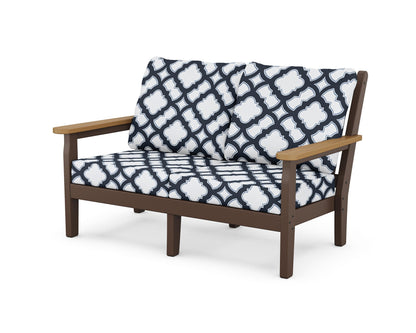 POLYWOOD® Chippendale Deep Seating Loveseat in Mahogany / Natural / Trellis Marine Indigo