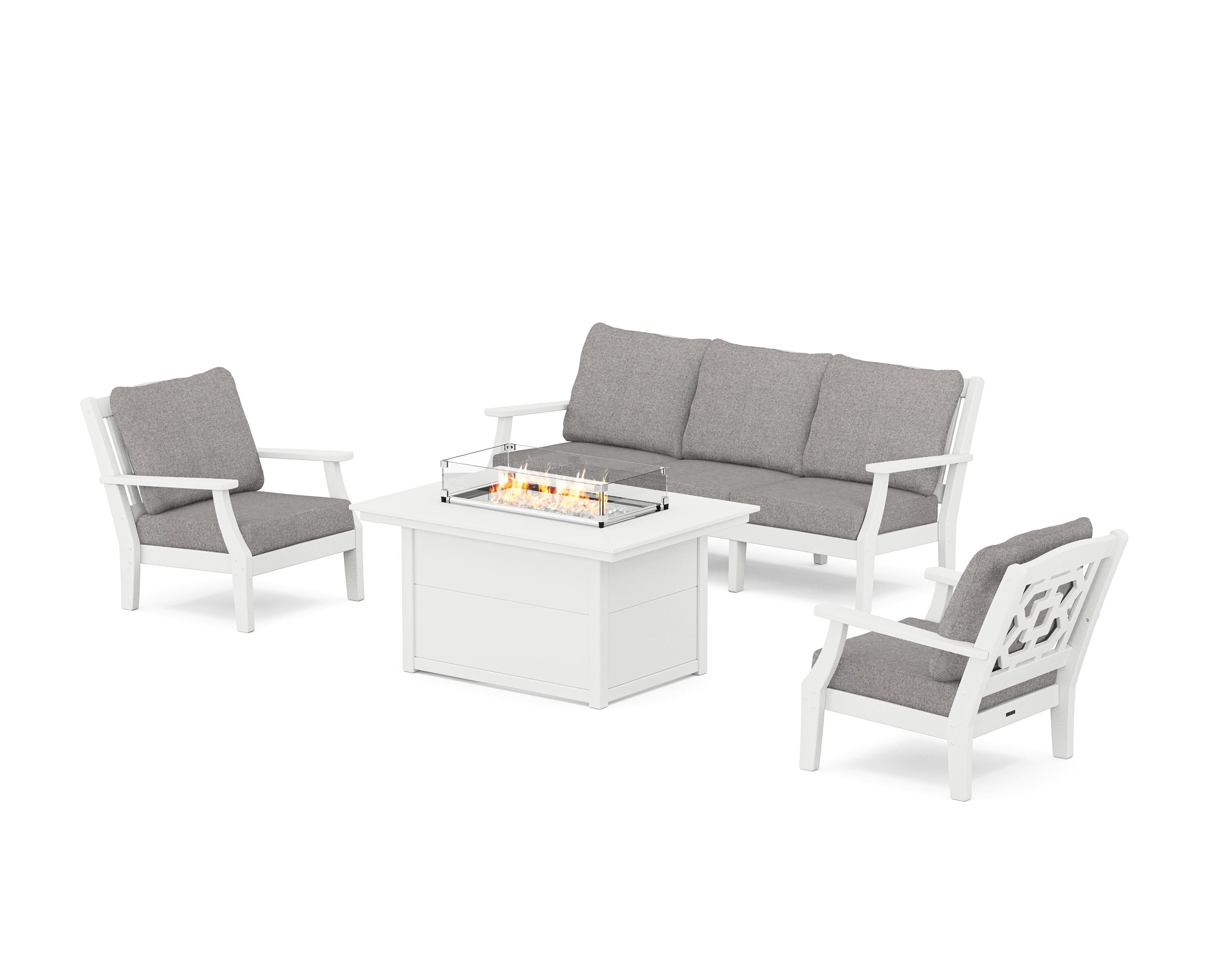 Martha Stewart by POLYWOOD® Chinoiserie Deep Seating Fire Pit Table Set in White / Grey Mist