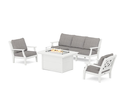 Martha Stewart by POLYWOOD® Chinoiserie Deep Seating Fire Pit Table Set in White / Grey Mist
