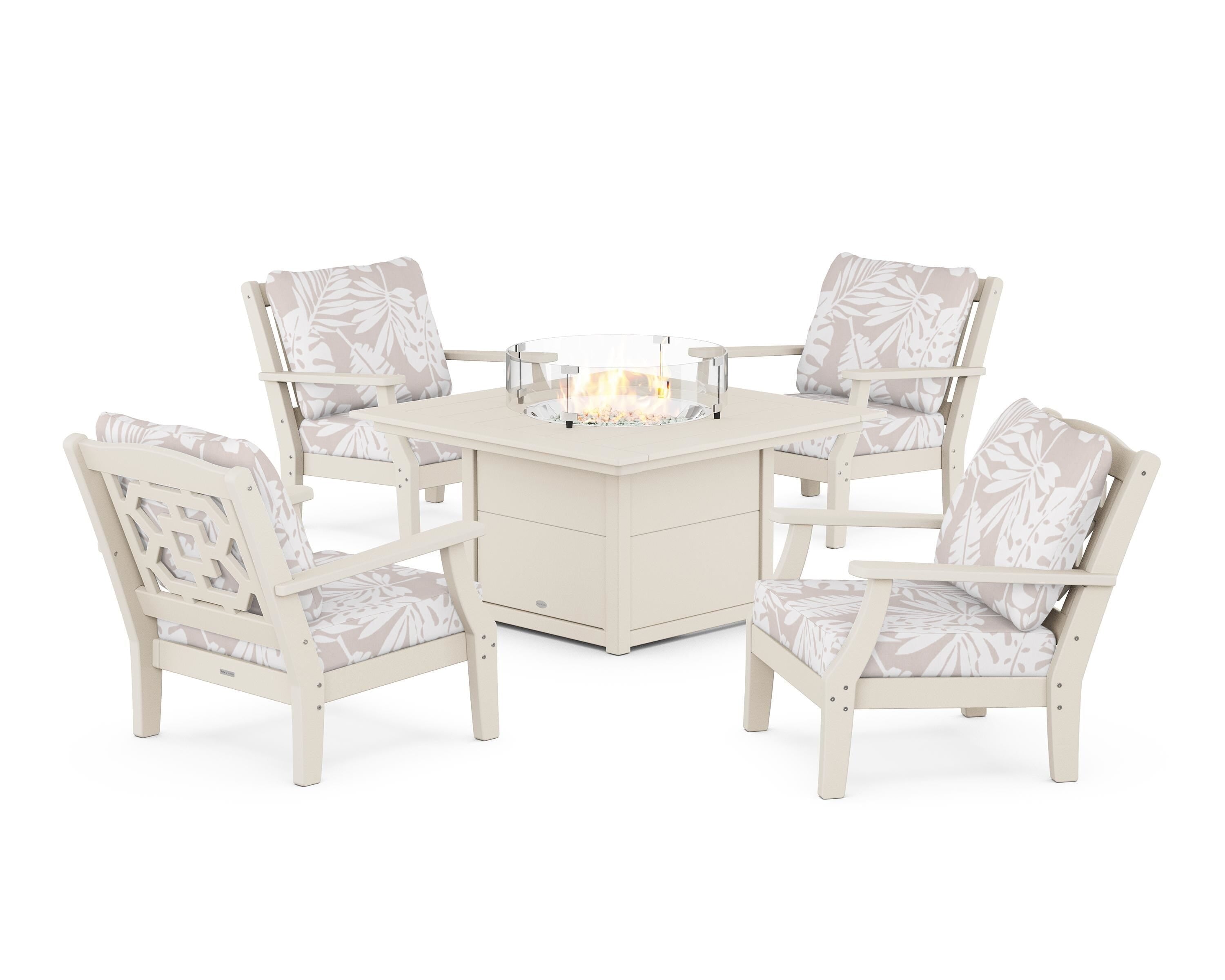 Martha Stewart by POLYWOOD® Chinoiserie 5-Piece Deep Seating Set with Fire Pit Table in Sand / Leaf Dune Burlap