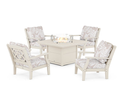 Martha Stewart by POLYWOOD® Chinoiserie 5-Piece Deep Seating Set with Fire Pit Table in Sand / Leaf Dune Burlap