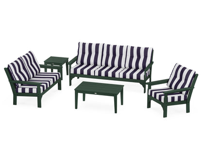POLYWOOD® Vineyard 5 Piece Deep Seating Set in Green / Cabana Stripe Navy