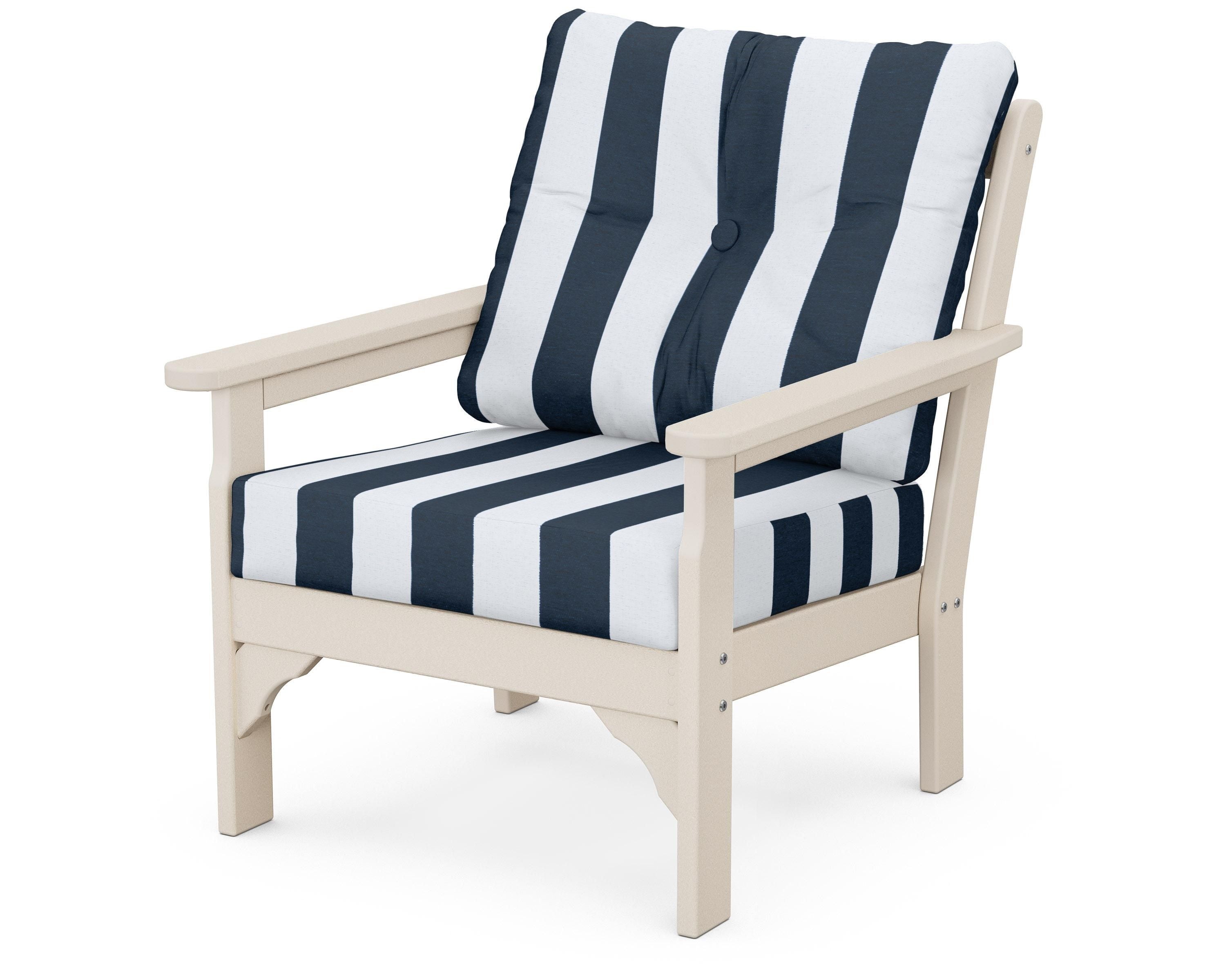 POLYWOOD® Vineyard Deep Seating Chair in Sand / Cabana Stripe Marine Indigo