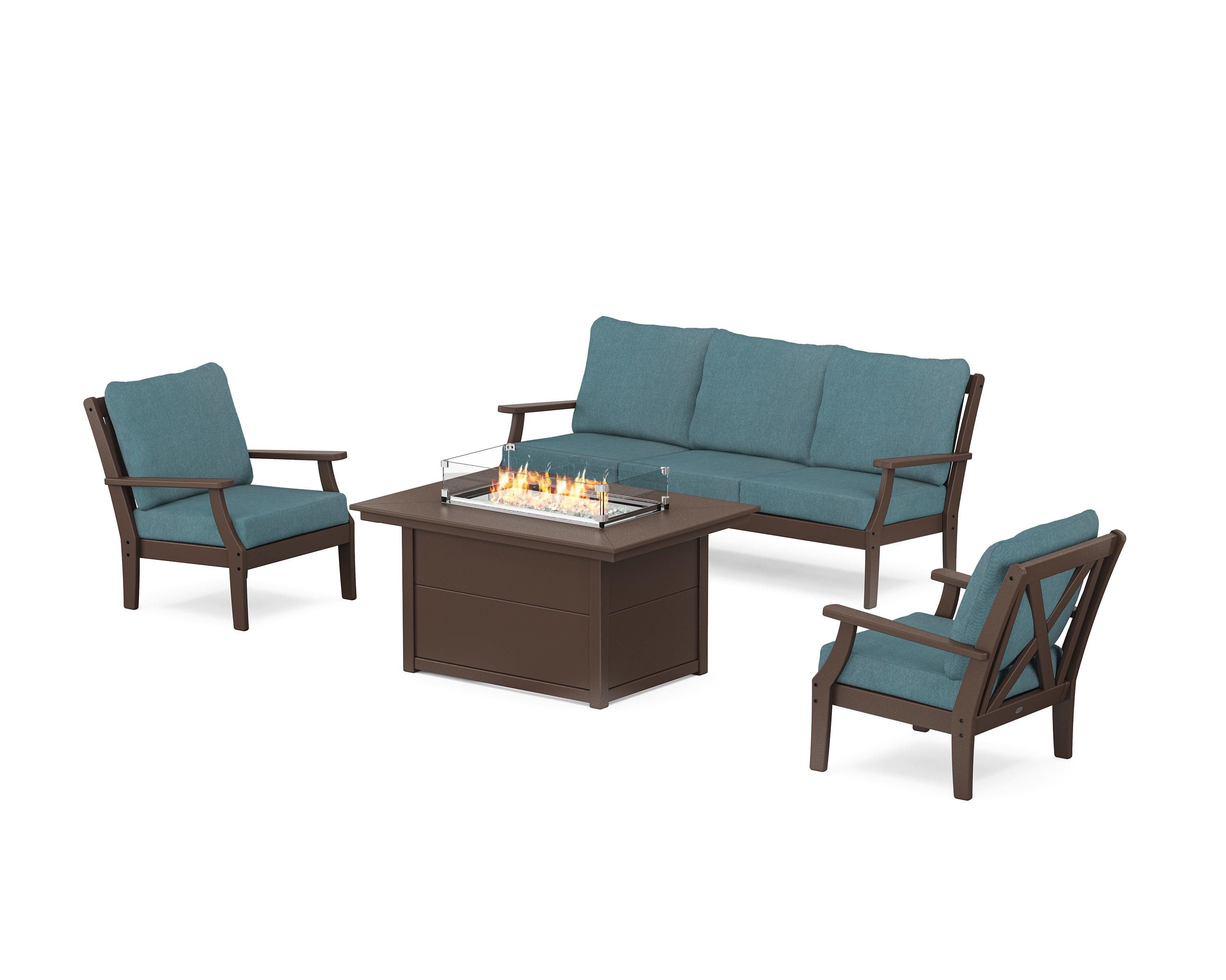 POLYWOOD® Braxton Deep Seating Fire Pit Table Set in Mahogany / Ocean Teal