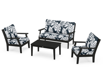 POLYWOOD® Braxton 4-Piece Deep Seating Chair Set in Black / Leaf Marine Indigo