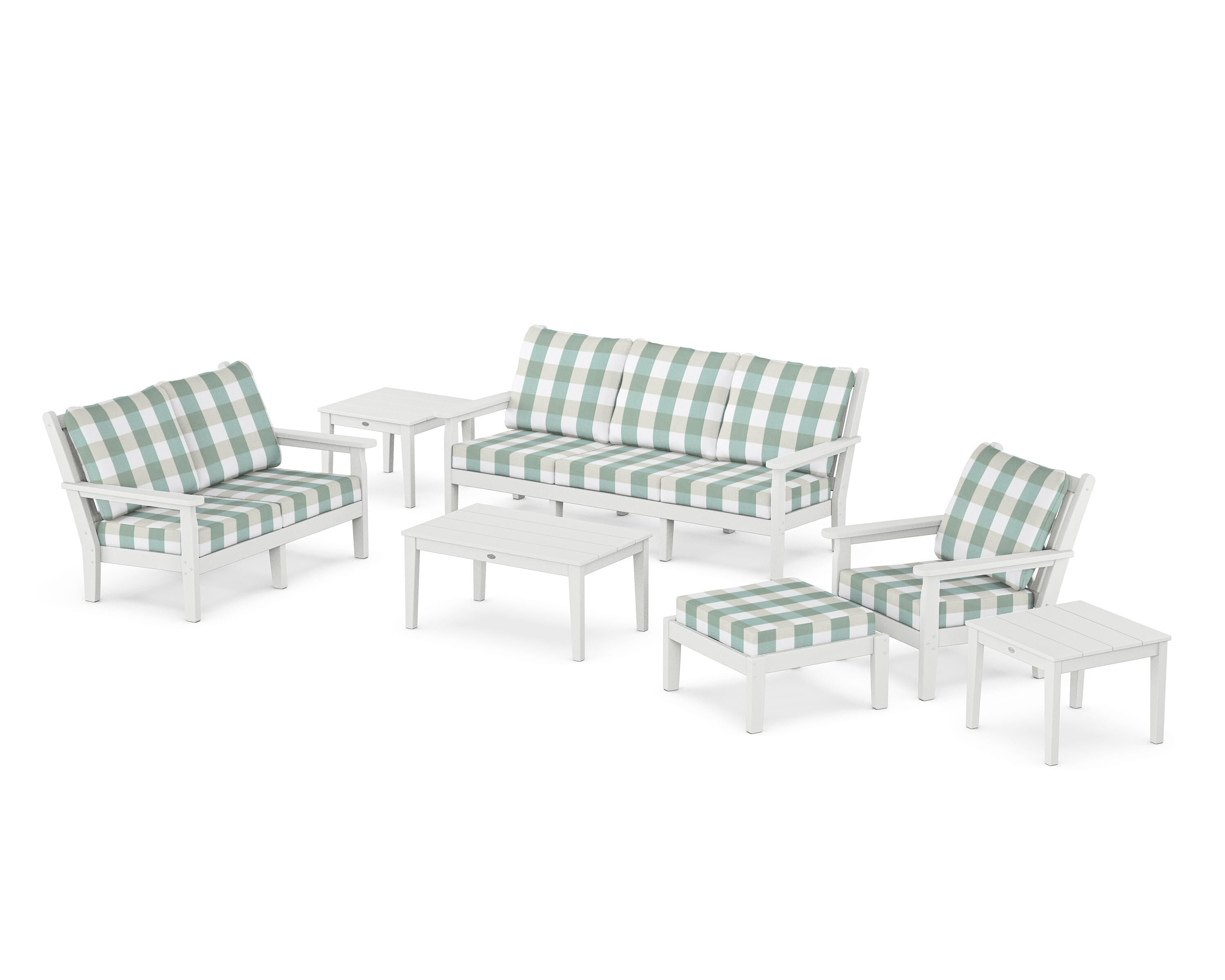 POLYWOOD® Chippendale 7-Piece Deep Seating Set in White / Buffalo Plaid Glacier Spa