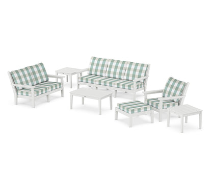 POLYWOOD® Chippendale 7-Piece Deep Seating Set in White / Buffalo Plaid Glacier Spa