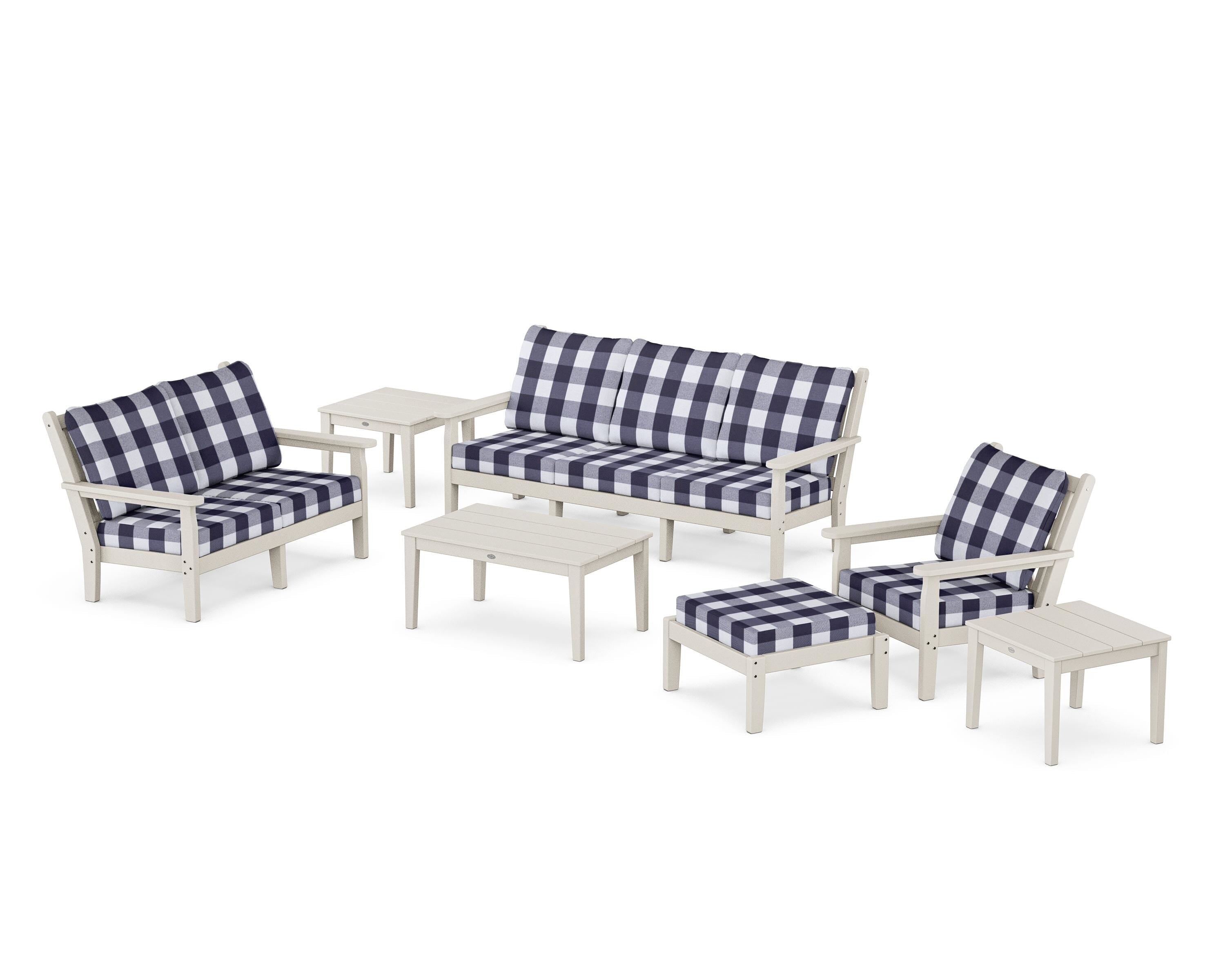POLYWOOD® Chippendale 7-Piece Deep Seating Set in Sand / Buffalo Plaid Navy
