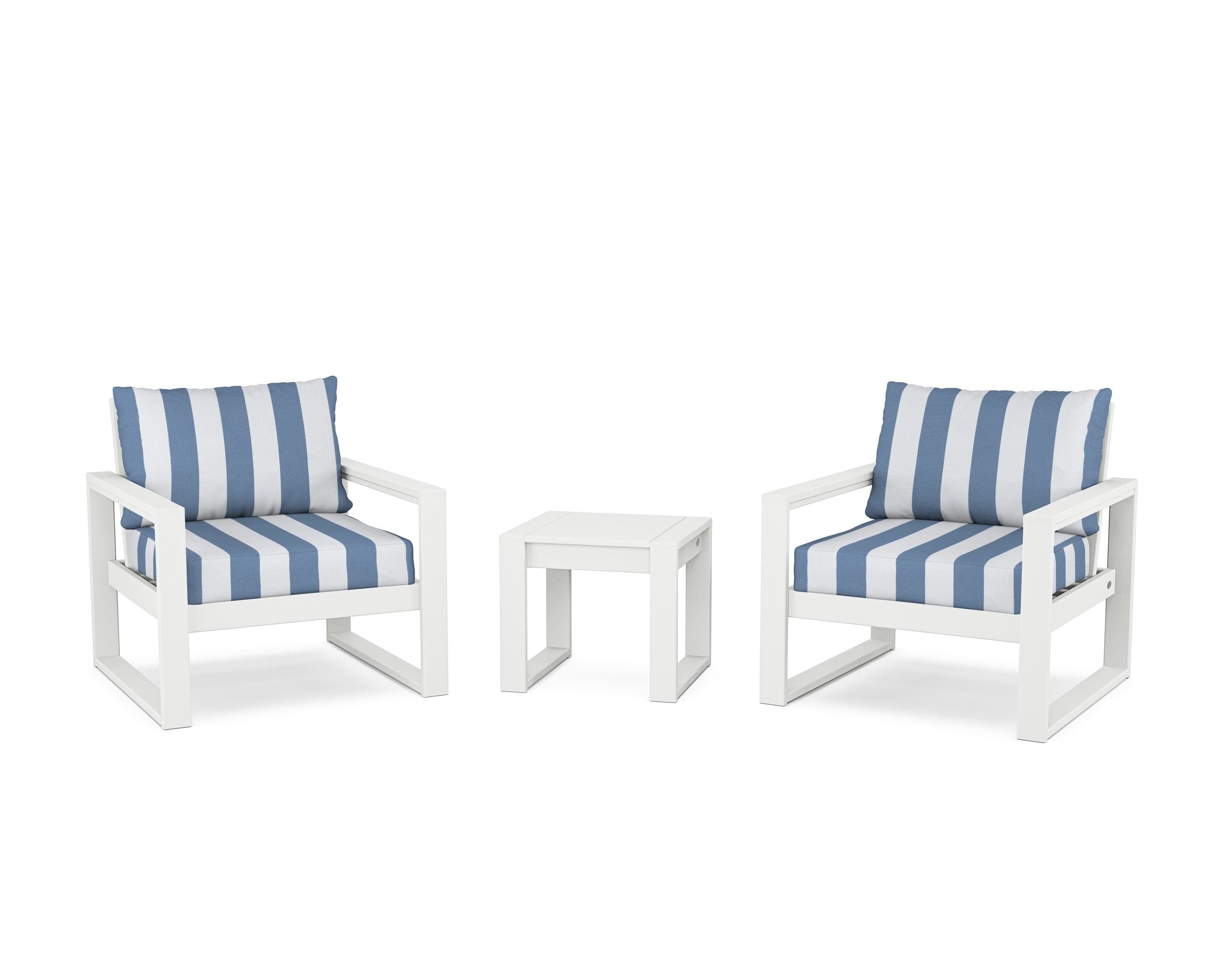 POLYWOOD® EDGE Sectional 3-Piece Deep Seating Set in White / Cabana Stripe Sky Blue