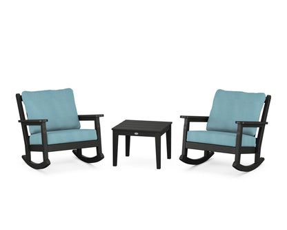 POLYWOOD® Chippendale 3-Piece Deep Seating Rocker Set in Black / Lattice Sky Blue