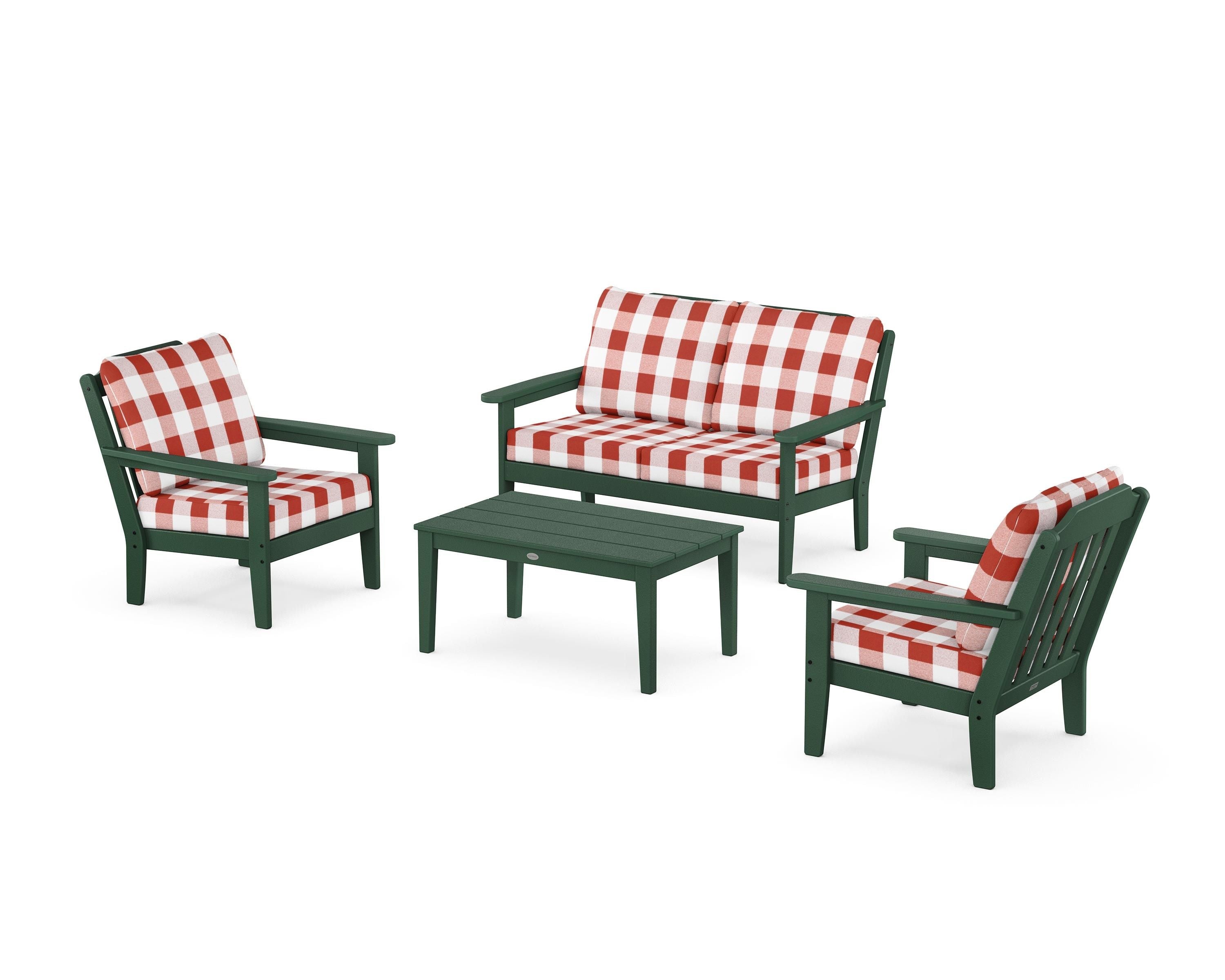 Country Living Cottage 4-Piece Deep Seating Set with Loveseat in Green / Buffalo Plaid Crimson
