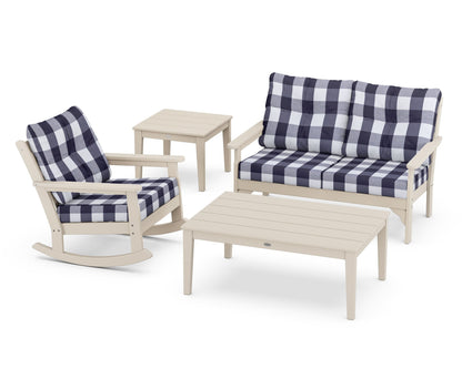 POLYWOOD® Vineyard 4-Piece Deep Seating Rocker Set in Sand / Buffalo Plaid Navy