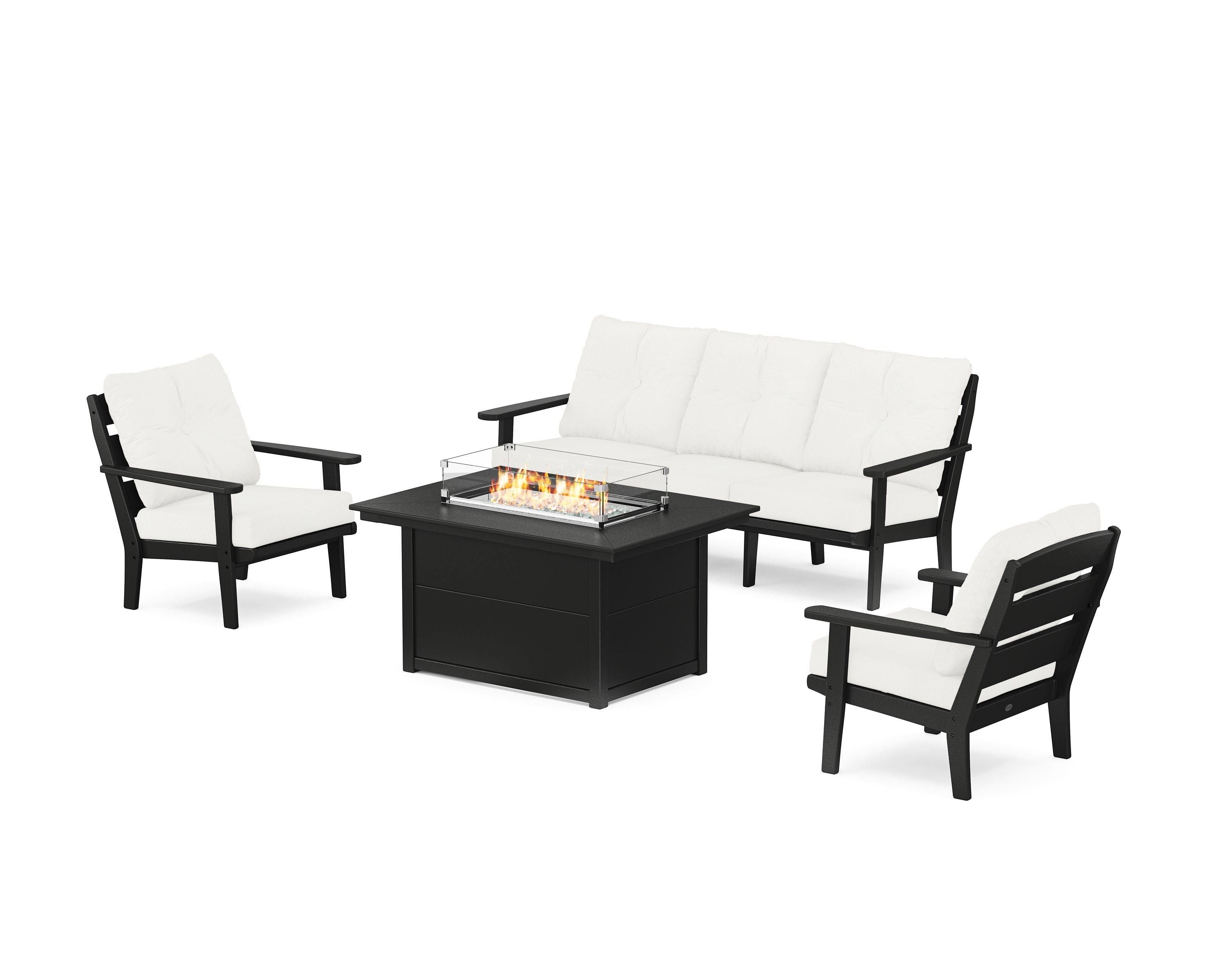 POLYWOOD® Lakeside Deep Seating Fire Pit Table Set in Black / Natural Linen