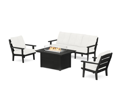 POLYWOOD® Lakeside Deep Seating Fire Pit Table Set in Black / Natural Linen